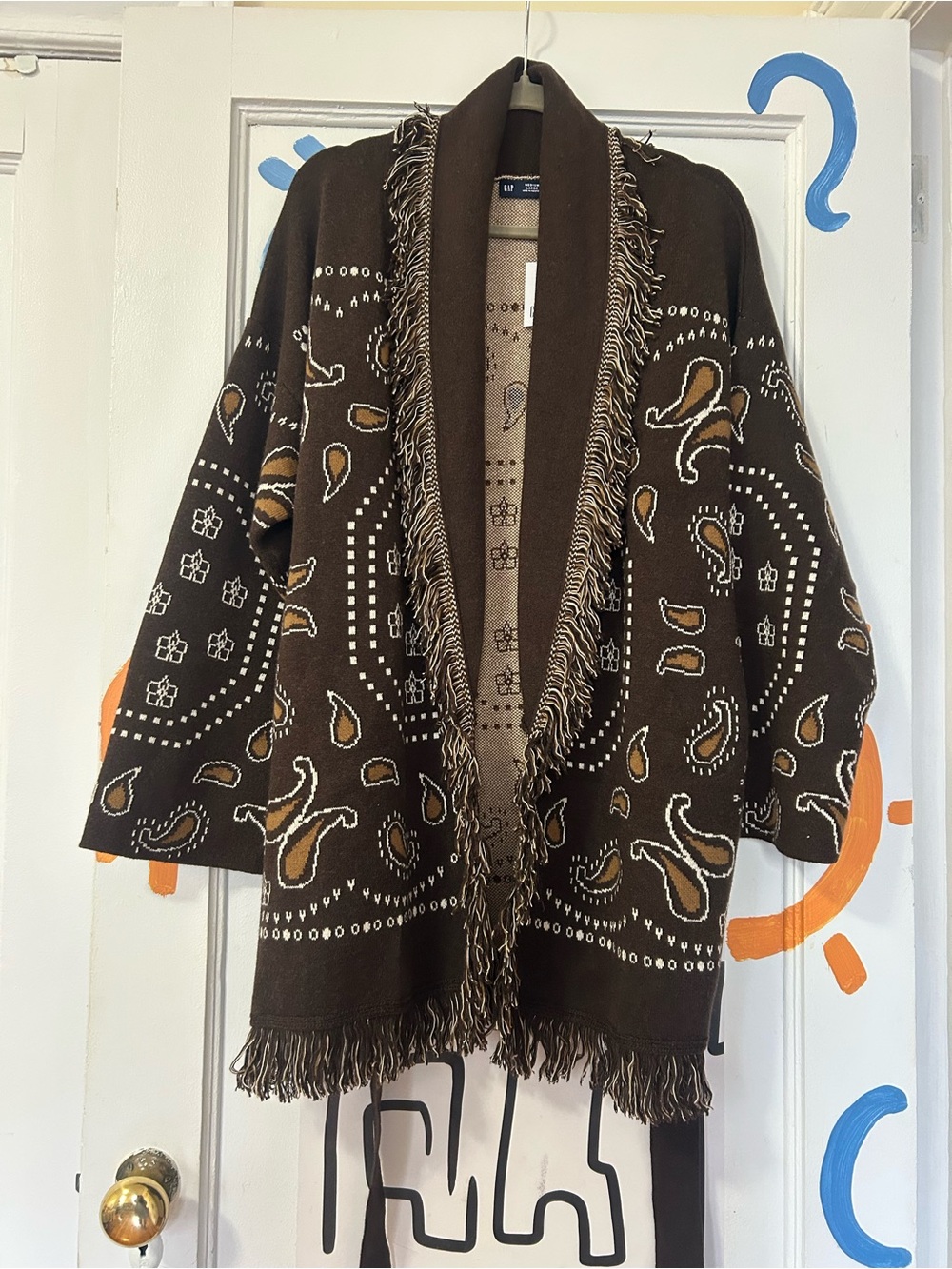 GAP Brown Paisley Fringe Open-Front Poncho
